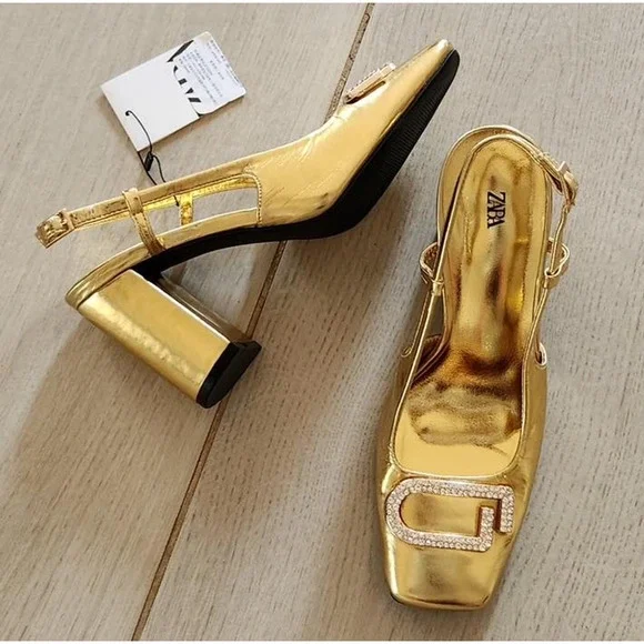 ZARA BLOGGER FAVE!!! Gold Square Toe Slingback Pumps ✨ Size 6.5 & 7.5 NWT - Picture 8 of 16